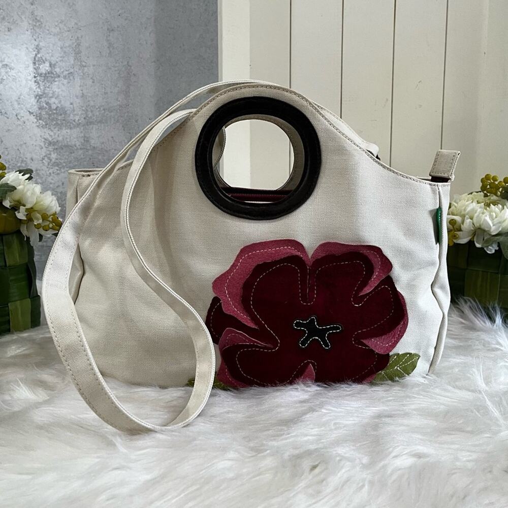 NEW Benetton Classic City Traveler Flower Crossbody Handbag Cotton Suede Leather
